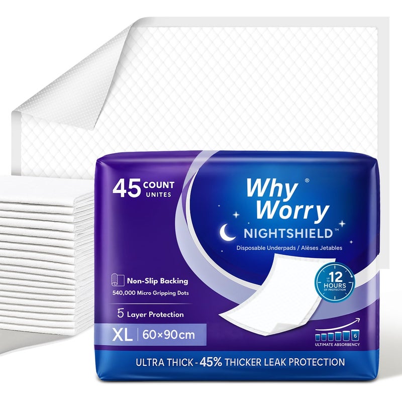 WhyWorry NightShield Disposable Incontinence Bed Pads, 60 x 90 cm Bed Wetting Mats for Adults with Anti Slip Grip, Underpads, Pee Pads, Mattress Protectors, Waterproof Sheets, 90 Count (2 Packs of 45)
